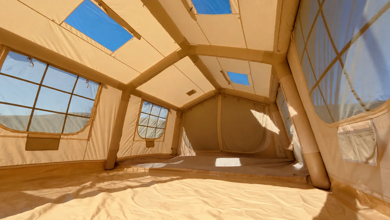 Wide interior of a 17.28 square metre inflatable glamping lodge