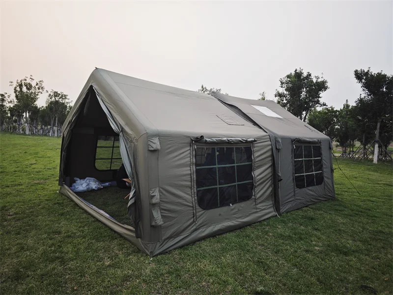 Army green LT-09-Z modular inflatable tent showing the connected side profile