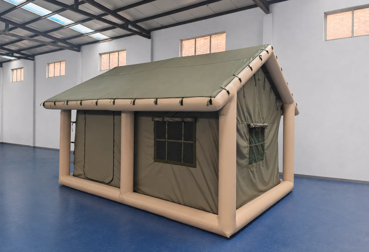 Inflatable camping tent set up inside a workshop for product review