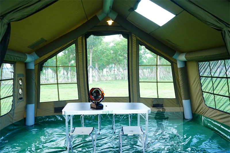 Interior of the LT-09-Z modular inflatable tent showing air beams, windows and usable floor space